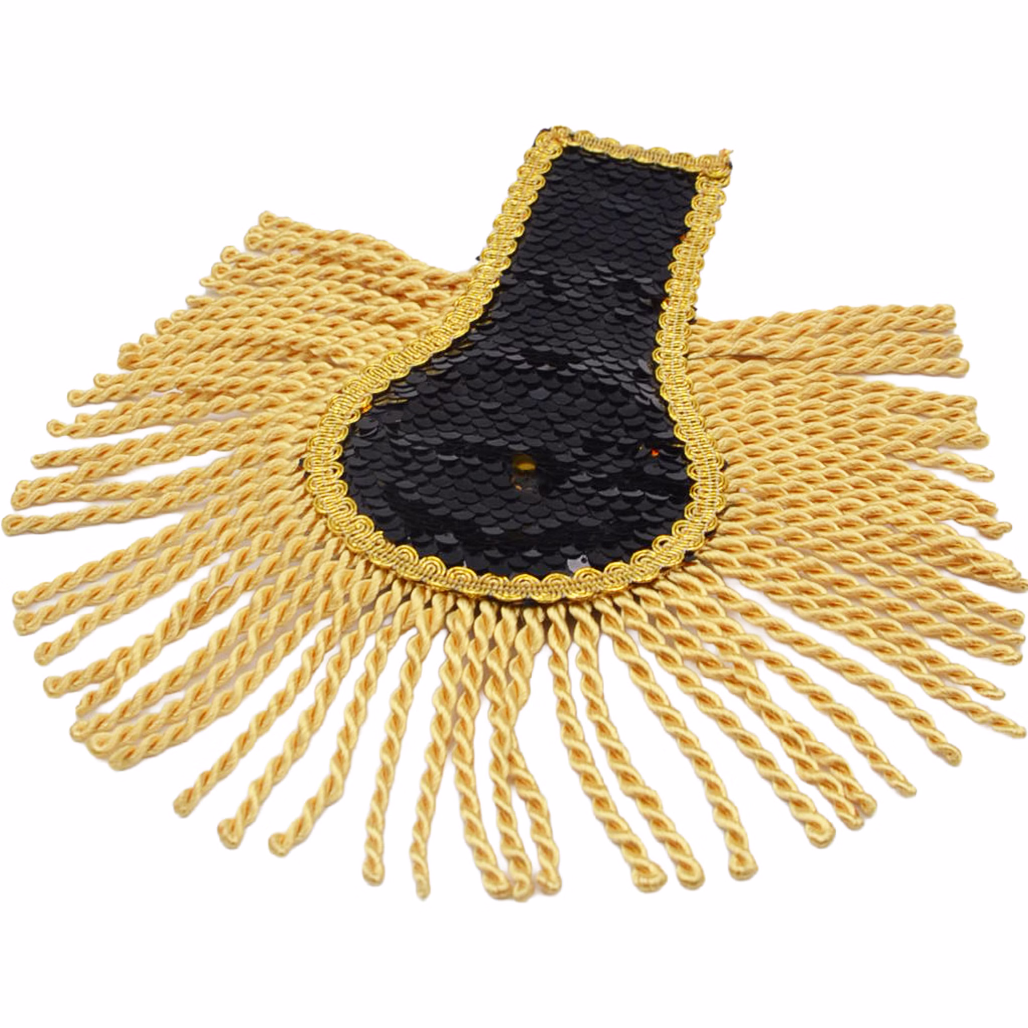 Epauletten schwarz gold Wendepailletten Vorderseite Schwarz-goldene Epaulette mit schwarzen Wendepailletten, goldener Borte und langen Kordelfransen als auffälliges Uniform-Zubehör.