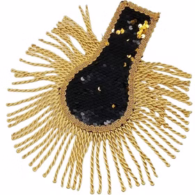 Epauletten Wendepailletten schwarz gold Effekt paulette mit teilweise gewendeten schwarz-goldenen Pailletten, goldener Zierborte und langen Fransen für Garde- und Showkostüme.