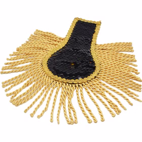 Epauletten schwarz gold Wendepailletten Vorderseite Schwarz-goldene Epaulette mit schwarzen Wendepailletten, goldener Borte und langen Kordelfransen als auffälliges Uniform-Zubehör.