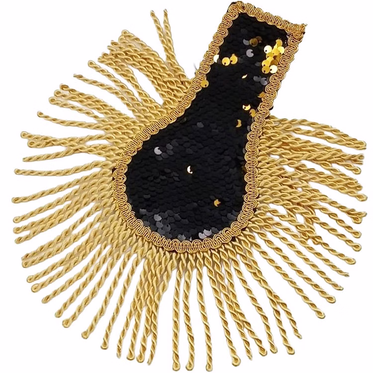 Epauletten Wendepailletten schwarz gold Effekt paulette mit teilweise gewendeten schwarz-goldenen Pailletten, goldener Zierborte und langen Fransen für Garde- und Showkostüme.
