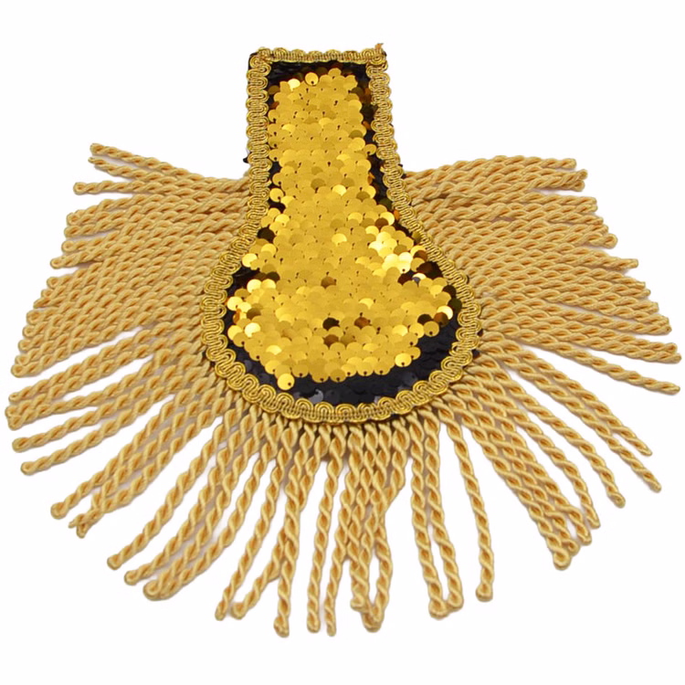 Epauletten Wendepailletten gold Vorderseite Goldfarbene Seite der Epaulette mit gewendeten Pailletten, goldener Borte und üppigen Kordelfransen für Uniform und Revue.