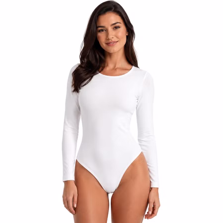 Thermobody Damen Weiß Vorderansicht Vorderansicht des weißen gefütterten Langarm Thermobodys für Damen, ideal für Garde, Funkenmariechen, Karneval und Winter. Hinweis: KI generiertes Bild