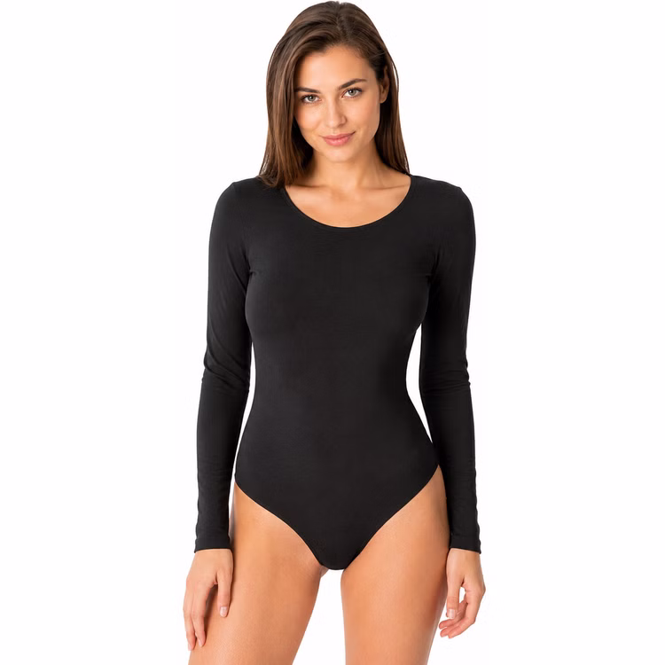 Thermobody Damen Schwarz Vorderansicht Schwarzer gefütterter Thermobody für Damen in Vorderansicht mit langen Ärmeln und körpernaher Passform für Winter und Karneval. Hinweis: KI generiertes Bild