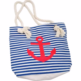 Matrosen Tasche blau weiß Anker Vorderansicht Frontansicht der blau-weiß gestreiften Matrosen-Tasche mit rotem Anker-Motiv, kräftigen Kordelhenkeln und Fransenenden.