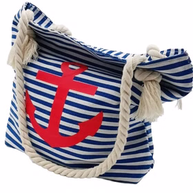 Matrosen Tasche Anker blau weiß Kordeln Blau-weiß gestreifte Matrosen-Tasche mit großem rotem Anker, hellen Kordelträgern sowie dekorativen Knoten und Fransen.