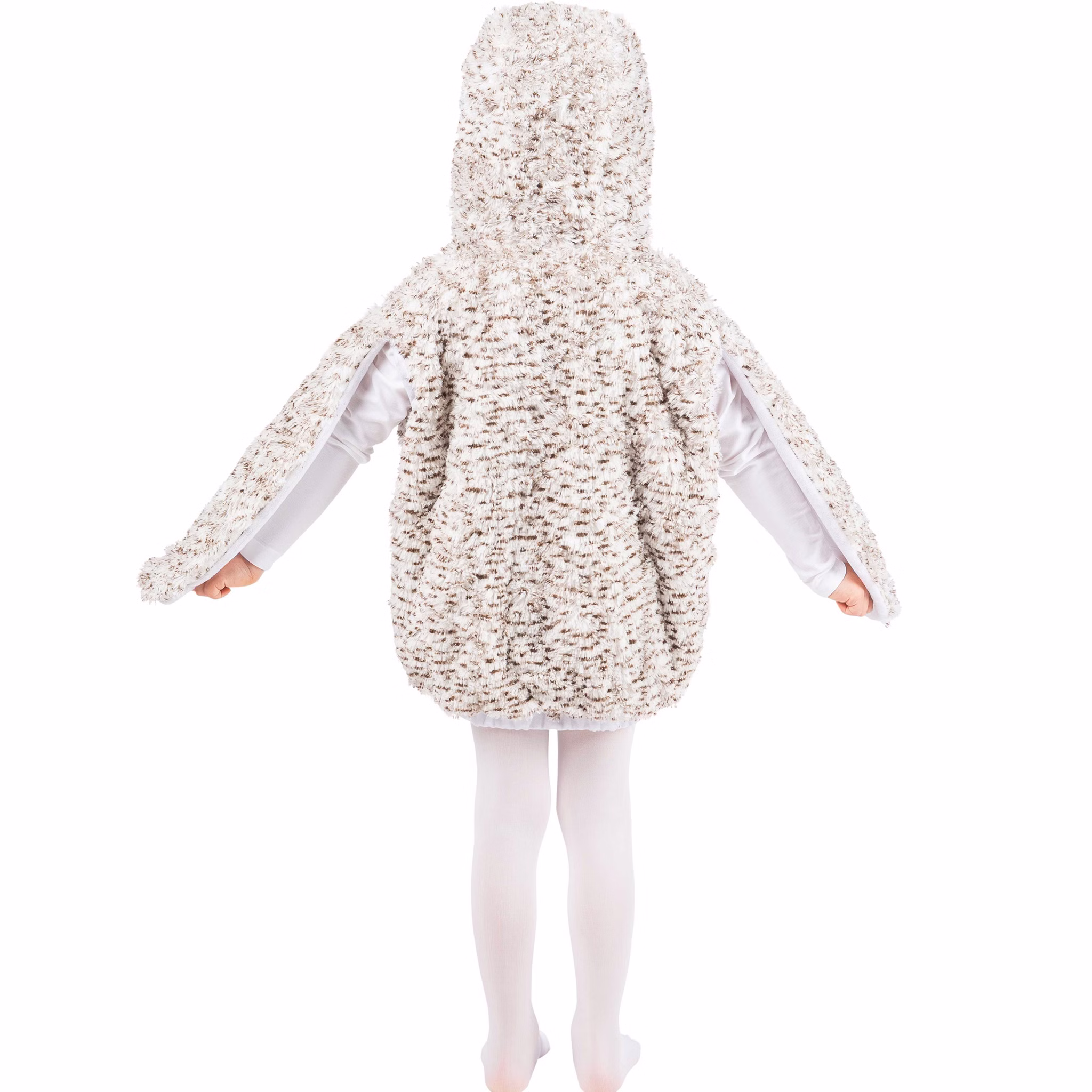 Eulen Kostüm Schneeeule Rosalie Kinder Rückansicht Flauschiges Schneeeulen Kostüm Rosalie für Kinder von hinten mit weiß-braunem Plüsch, Kapuze und langen Eulenflügeln.