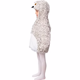 Eulen Kostüm Schneeeule Rosalie Kinder Seitenansicht Schneeeulen Kostüm Rosalie für Kinder in Seitenansicht mit flauschiger Kapuze, weißem Bauch und seitlichem Eulenflügel.