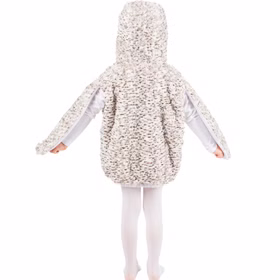 Eulen Kostüm Schneeeule Rosalie Kinder Rückansicht Flauschiges Schneeeulen Kostüm Rosalie für Kinder von hinten mit weiß-braunem Plüsch, Kapuze und langen Eulenflügeln.