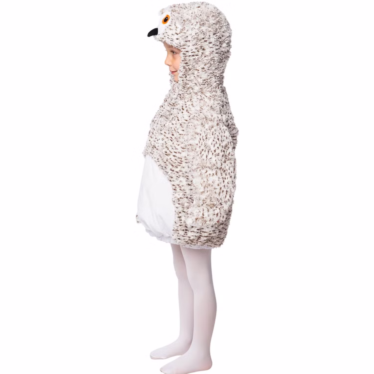 Eulen Kostüm Schneeeule Rosalie Kinder Seitenansicht Schneeeulen Kostüm Rosalie für Kinder in Seitenansicht mit flauschiger Kapuze, weißem Bauch und seitlichem Eulenflügel.