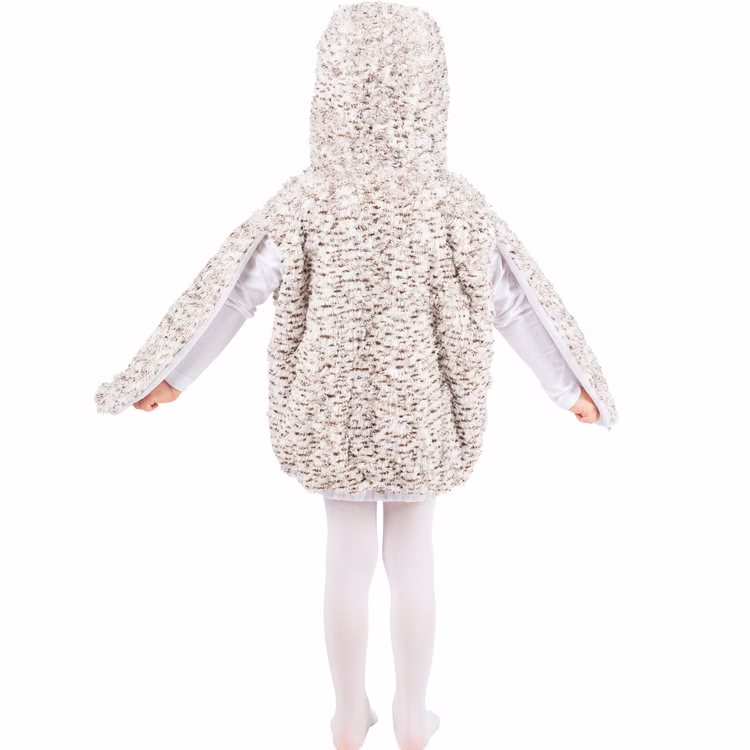 Eulen Kostüm Schneeeule Rosalie Kinder Rückansicht Flauschiges Schneeeulen Kostüm Rosalie für Kinder von hinten mit weiß-braunem Plüsch, Kapuze und langen Eulenflügeln.