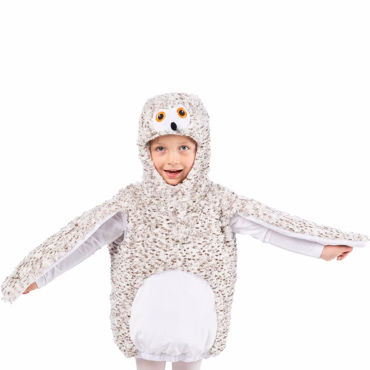 Schneeeule Rosalie Kinder Kostüm Kapuze und Flügel Niedliches Eulen Kostüm Rosalie für Kinder mit großer Schneeeulen-Kapuze, orangefarbenen Augen, Plüschkörper und langen Flügeln.