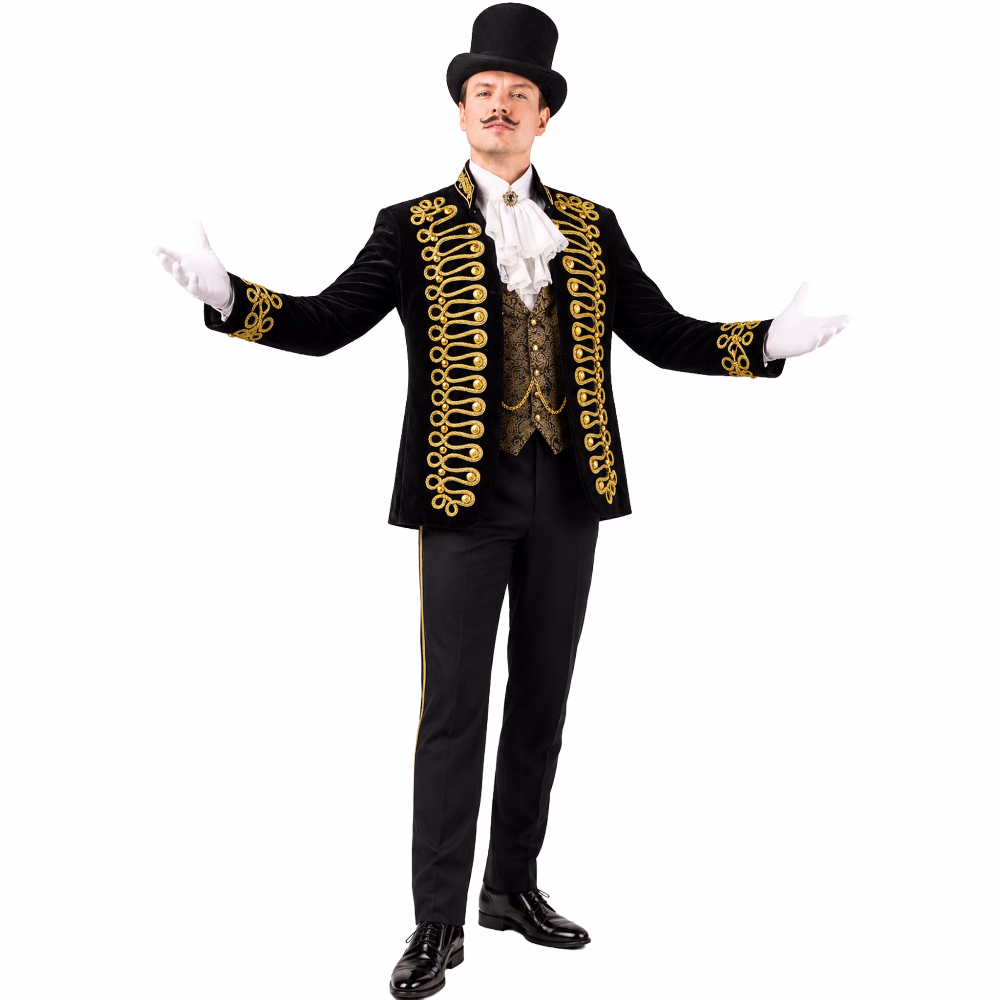 Uniformjacke Herren Zirkusdirektor Showmaster Schwarz Gold Schwarz-goldene Uniformjacke als prachtvolles Zirkusdirektor-Kostüm mit Zylinder, Schnauzer, Rüschenhemd und ausgestreckten Armen. Hinweis: KI generiertes Bild