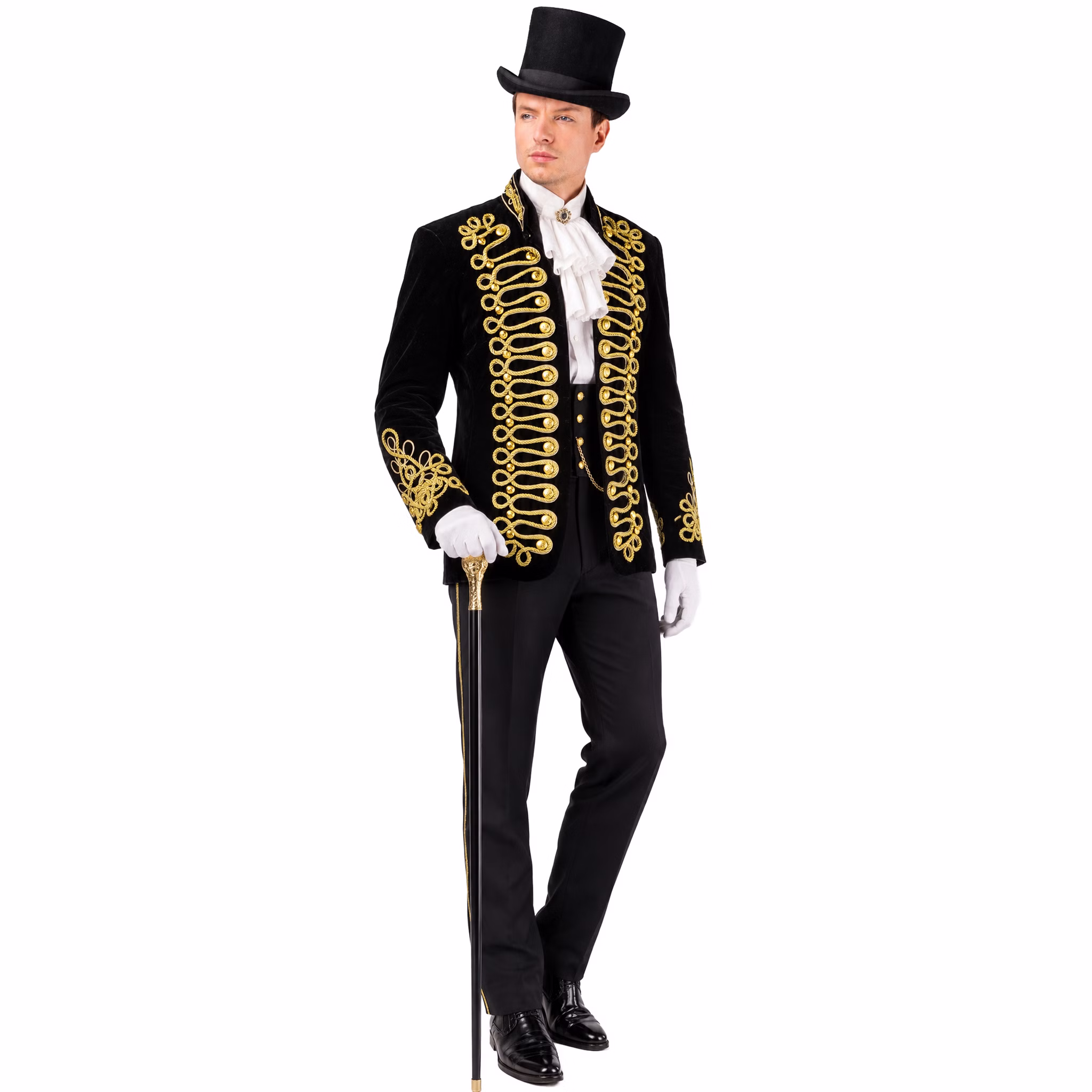 Uniformjacke Herren Showmaster Revue mit Gehstock Elegante schwarz-goldene Uniformjacke für Herren im Showmaster-Look mit Zylinder, Rüschenhemd, Weste, Handschuhen und Gehstock. Hinweis: KI generiertes Bild