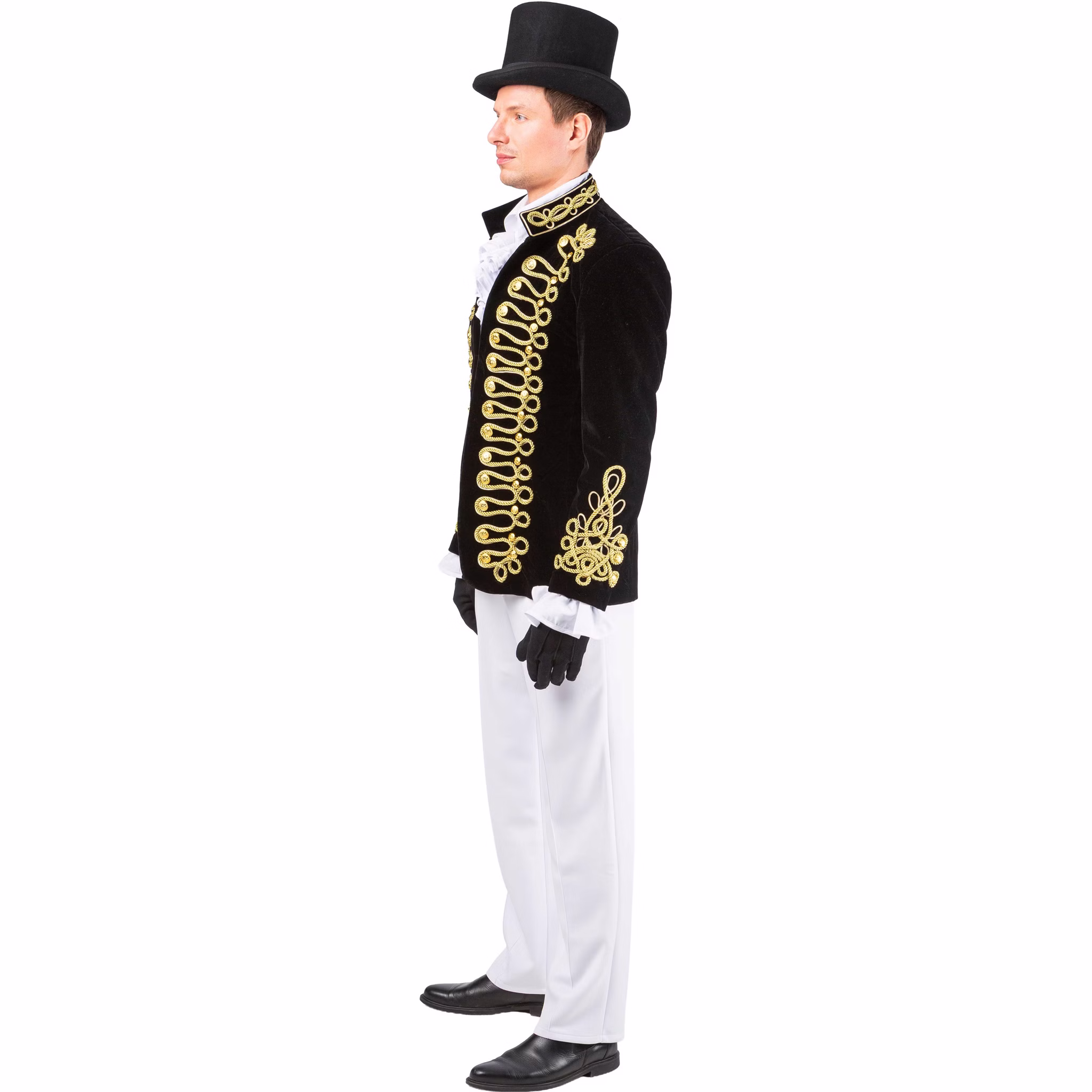 Uniformjacke Herren Schwarz Gold Seitenansicht Zirkusdirektor Seitenansicht der schwarz-goldenen Uniformjacke für Herren mit aufwendigen Goldkordeln, Zierknöpfen und verzierten Ärmeln.