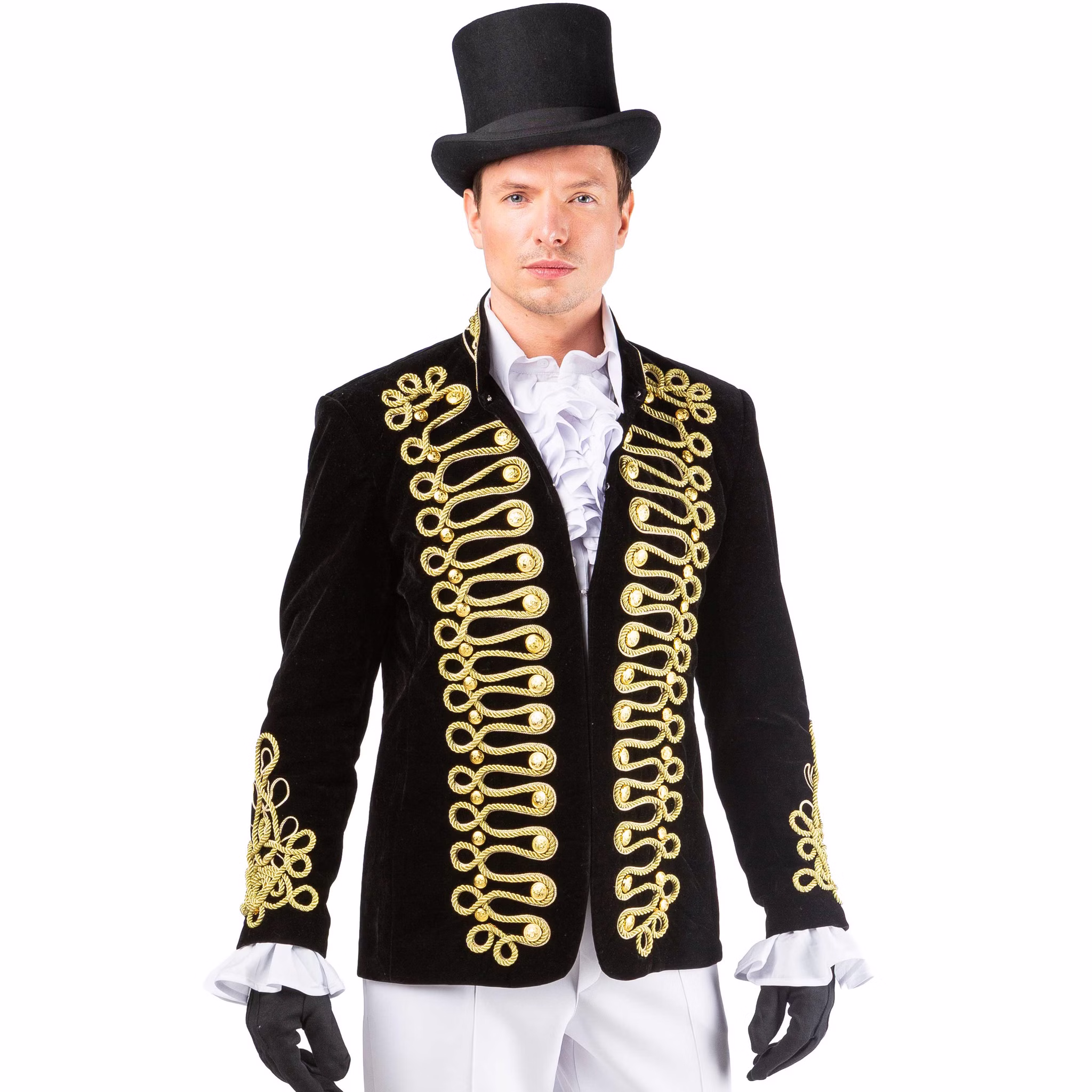 Uniformjacke Herren Schwarz Gold Vorderansicht Schwarz-goldene Uniformjacke für Herren mit prächtigen Goldkordeln, Zierknöpfen und hohem Kragen in eleganter Vorderansicht.