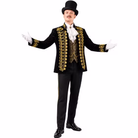 Uniformjacke Herren Zirkusdirektor Showmaster Schwarz Gold Schwarz-goldene Uniformjacke als prachtvolles Zirkusdirektor-Kostüm mit Zylinder, Schnauzer, Rüschenhemd und ausgestreckten Armen. Hinweis: KI generiertes Bild