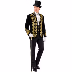 Uniformjacke Herren Showmaster Revue mit Gehstock Elegante schwarz-goldene Uniformjacke für Herren im Showmaster-Look mit Zylinder, Rüschenhemd, Weste, Handschuhen und Gehstock. Hinweis: KI generiertes Bild