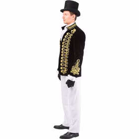 Uniformjacke Herren Schwarz Gold Seitenansicht Zirkusdirektor Seitenansicht der schwarz-goldenen Uniformjacke für Herren mit aufwendigen Goldkordeln, Zierknöpfen und verzierten Ärmeln.