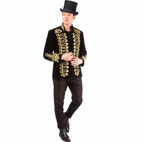 Uniformjacke Herren Schwarz Gold Revue Show Schwarze Herren Uniformjacke mit goldenen Kordelornamenten, kombiniert als elegantes Revue-, Show- und Zirkusdirektor-Kostüm.