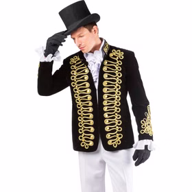 Uniformjacke Herren Zirkusdirektor Vintage Zylinder Schwarz-goldene Vintage Uniformjacke für Herren mit Goldkordeln und Zierknöpfen, kombiniert mit Rüschenhemd, Zylinder und Handschuhen.