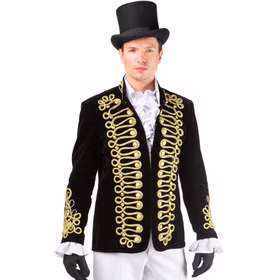 Uniformjacke Herren Schwarz Gold Vorderansicht Schwarz-goldene Uniformjacke für Herren mit prächtigen Goldkordeln, Zierknöpfen und hohem Kragen in eleganter Vorderansicht.