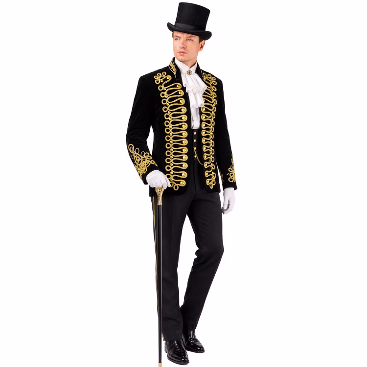 Uniformjacke Herren Showmaster Revue mit Gehstock Elegante schwarz-goldene Uniformjacke für Herren im Showmaster-Look mit Zylinder, Rüschenhemd, Weste, Handschuhen und Gehstock. Hinweis: KI generiertes Bild
