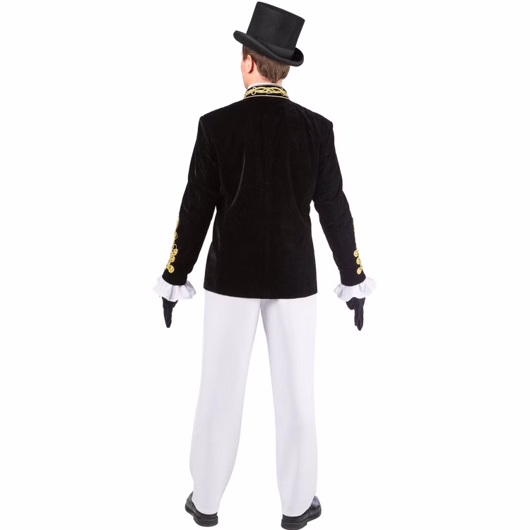 Uniformjacke Herren Schwarz Gold Rückansicht Rückansicht der schwarzen Herren Uniformjacke mit schlichtem Rücken sowie goldenen Verzierungen an Stehkragen und Ärmelabschlüssen.