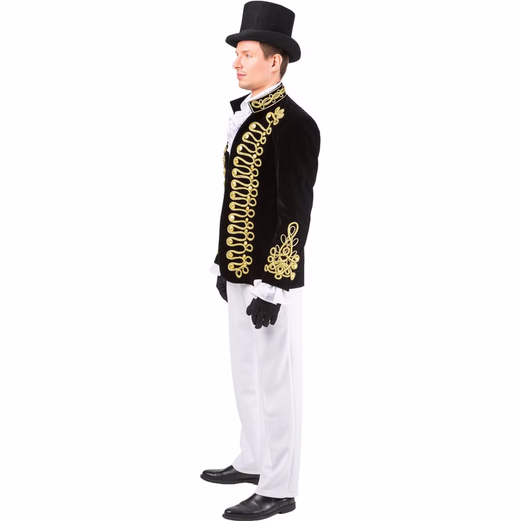Uniformjacke Herren Schwarz Gold Seitenansicht Zirkusdirektor Seitenansicht der schwarz-goldenen Uniformjacke für Herren mit aufwendigen Goldkordeln, Zierknöpfen und verzierten Ärmeln.