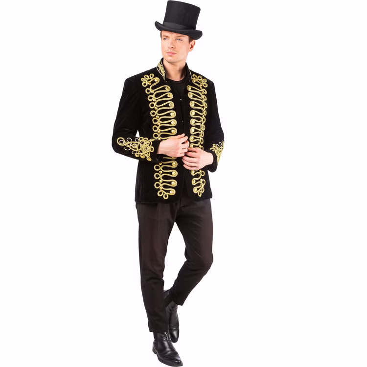 Uniformjacke Herren Schwarz Gold Revue Show Schwarze Herren Uniformjacke mit goldenen Kordelornamenten, kombiniert als elegantes Revue-, Show- und Zirkusdirektor-Kostüm.