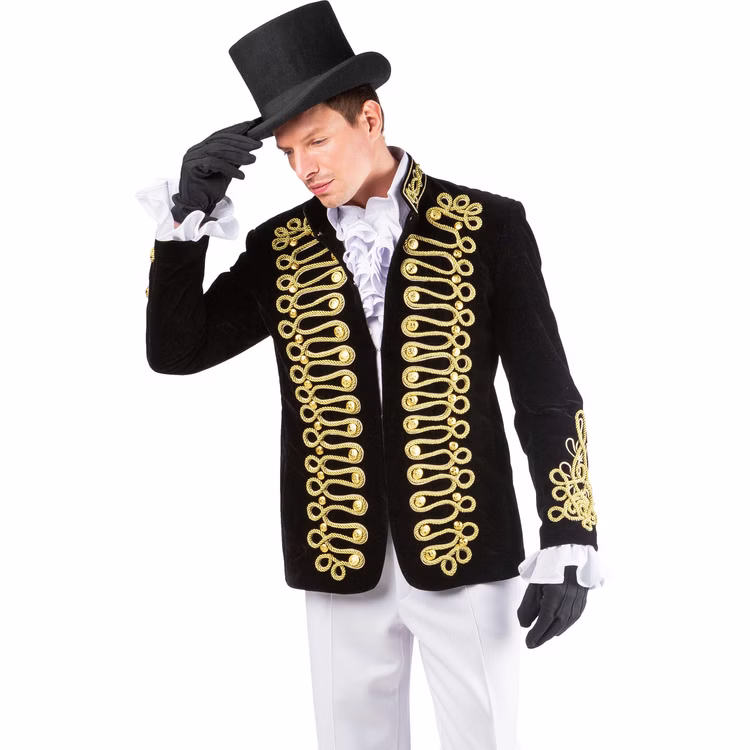 Uniformjacke Herren Zirkusdirektor Vintage Zylinder Schwarz-goldene Vintage Uniformjacke für Herren mit Goldkordeln und Zierknöpfen, kombiniert mit Rüschenhemd, Zylinder und Handschuhen.