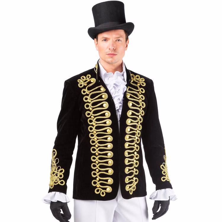 Uniformjacke Herren Schwarz Gold Vorderansicht Schwarz-goldene Uniformjacke für Herren mit prächtigen Goldkordeln, Zierknöpfen und hohem Kragen in eleganter Vorderansicht.