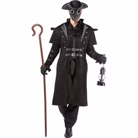 Steampunk Gothic Mantel Herren Pestdoktor Kostüm Schwarzer Gothic Mantel für Herren im Pestdoktor-Look mit markanten Schultern und Schnallen, kombiniert mit Maske und Laterne.