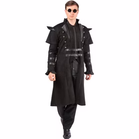Cyberpunk Gothic Mantel Herren Schwarz LARP Uniform Schwarzer Gothic Mantel für Herren in Vorderansicht mit hohem Kragen, Schulterdetails, Schnallen und silbernen Zierknöpfen.