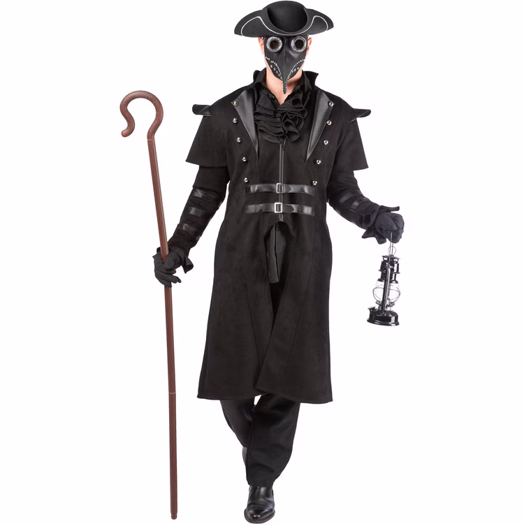 Steampunk Gothic Mantel Herren Pestdoktor Kostüm Schwarzer Gothic Mantel für Herren im Pestdoktor-Look mit markanten Schultern und Schnallen, kombiniert mit Maske und Laterne.
