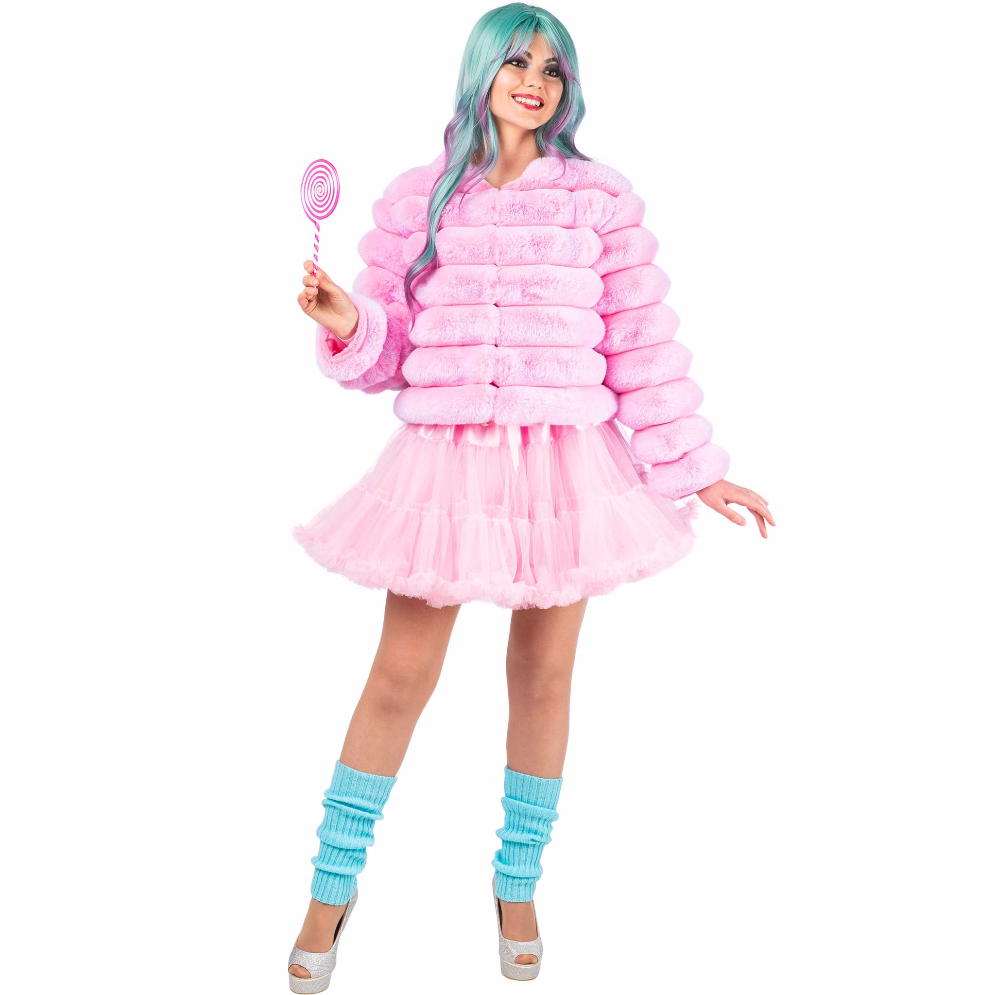 Pinke Candy Plüschjacke für Damen als farbenfrohes Festival- und Party-Outfit mit Tüllrock und verspieltem Candy-Look.