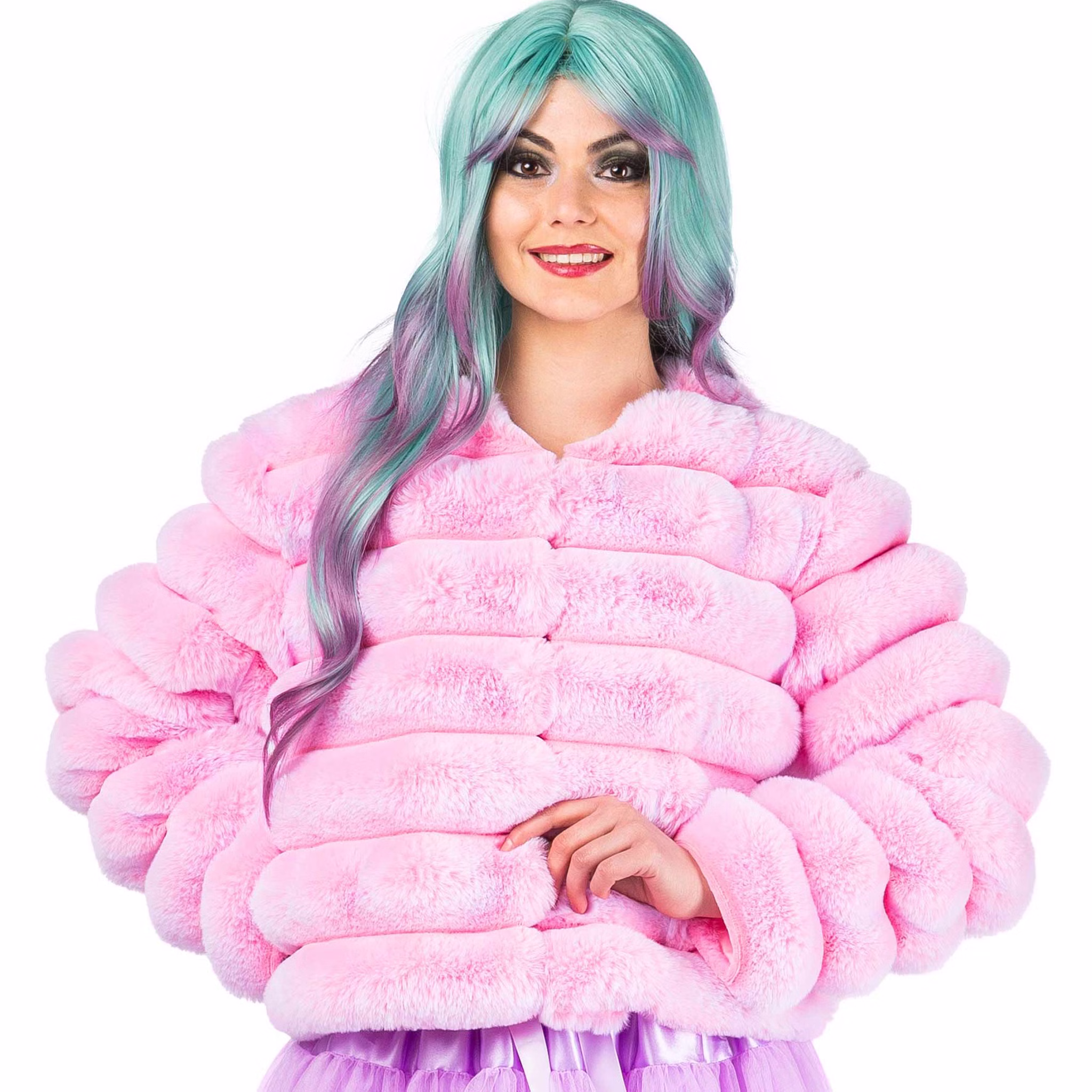 Detailansicht der pinkfarbenen Candy Plüschjacke für Damen mit kuschelig weichem Plüsch und voluminöser Oberflächenstruktur.