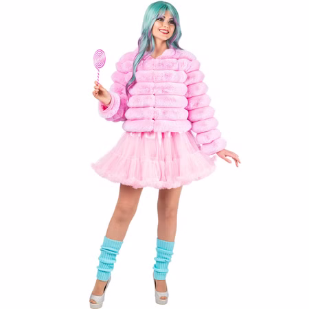 Candy Kostüm Pink Plüschjacke Damen Festival Pinke Candy Plüschjacke für Damen als farbenfrohes Festival- und Party-Outfit mit Tüllrock und verspieltem Candy-Look.