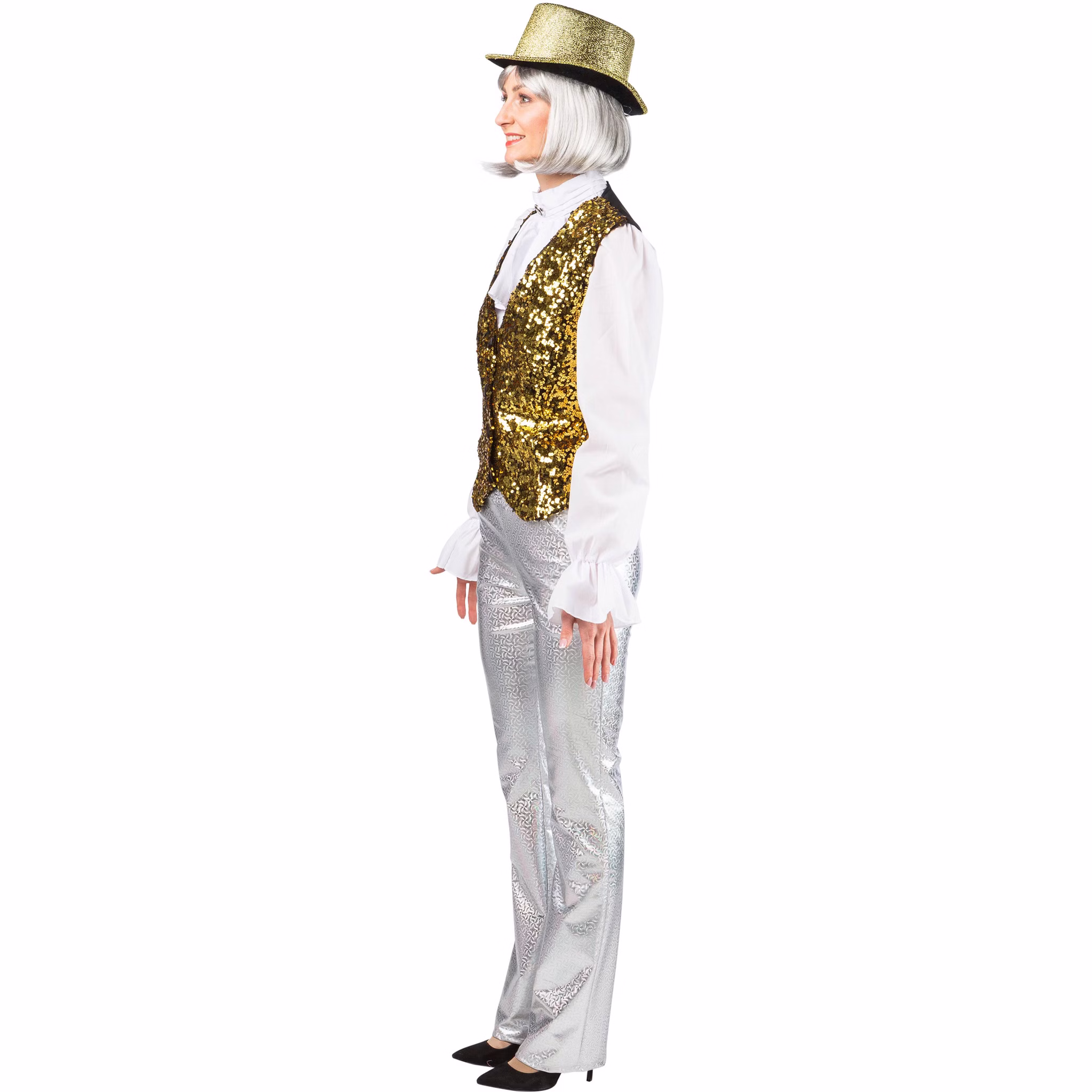 Paillettenweste Damen Gold Seitenansicht Seitenansicht der goldenen Paillettenweste für Damen mit glitzernder Vorderseite und schwarzem Rücken für Bühne und Revue.