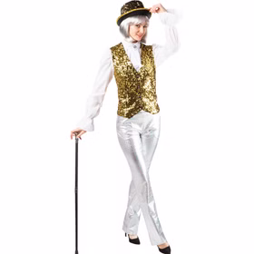 Paillettenweste Gold Damen Revue Show Goldene Paillettenweste für Damen kombiniert als glamouröses Revue- und Showkostüm mit Zylinder und silberner Hose.