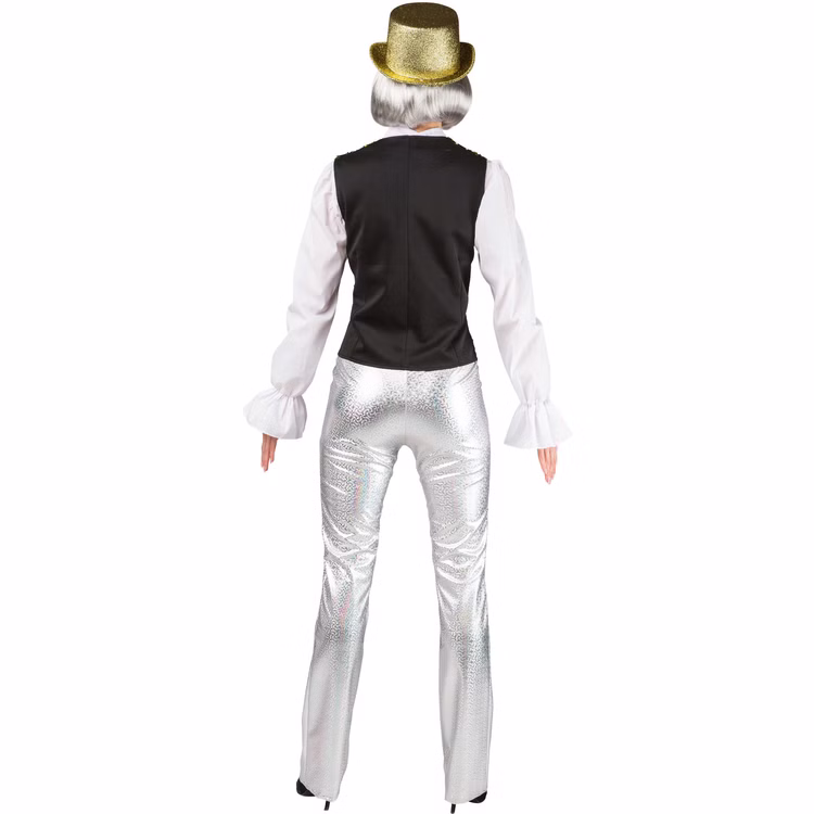 Paillettenweste Damen Gold Rückansicht Rückansicht der goldenen Paillettenweste für Damen mit schlicht schwarzer Rückseite für Revue, Tanz und Showkostüme.