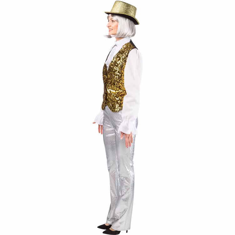 Paillettenweste Damen Gold Seitenansicht Seitenansicht der goldenen Paillettenweste für Damen mit glitzernder Vorderseite und schwarzem Rücken für Bühne und Revue.