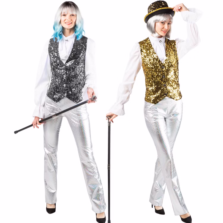 Paillettenweste Damen Gold Silber Varianten Goldene und silberne Paillettenweste für Damen als glitzerndes Kostüm-Zubehör für Revue, Show, Tanz und Bühne.