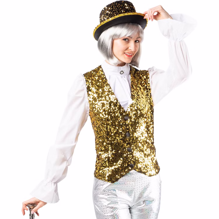 Goldene Paillettenweste Damen Detail Detailansicht der goldenen Paillettenweste für Damen mit funkelnder Front, Knopfleiste und tiefem V-Ausschnitt für Show und Tanz.