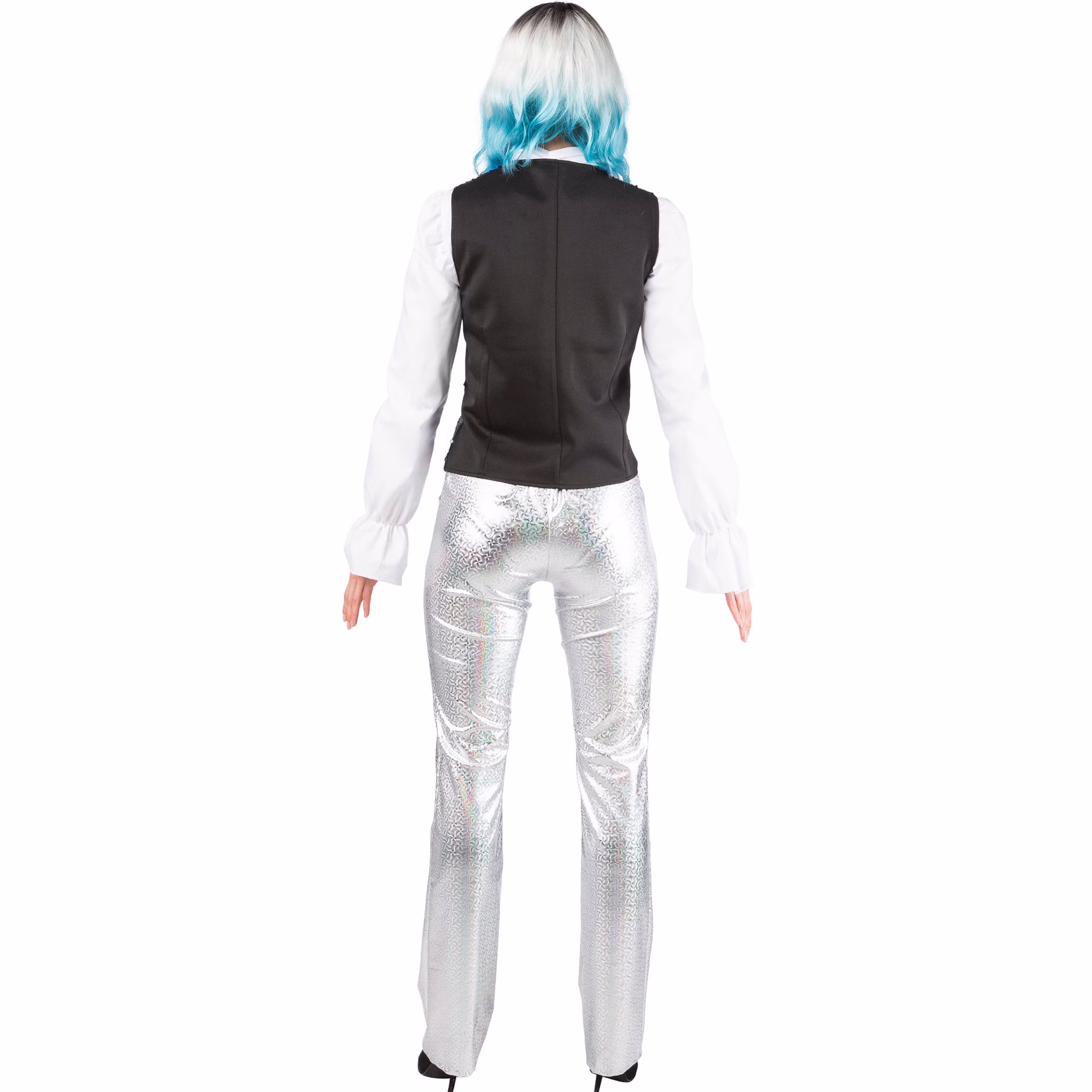 Paillettenweste Damen Silber Rückansicht Rückansicht der silbernen Paillettenweste für Damen mit schlicht schwarzer Rückseite für Tanz, Revue und Bühnenkostüme.