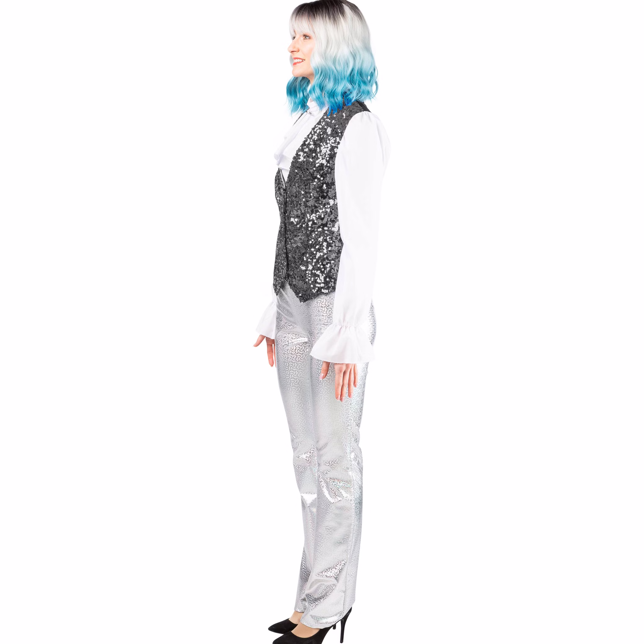 Pailletten Weste Damen Silber Seitenansicht Seitenansicht der silbernen Pailletten-Weste für Damen mit glitzernder Vorderseite, schwarzem Rücken und figurbetontem Schnitt.