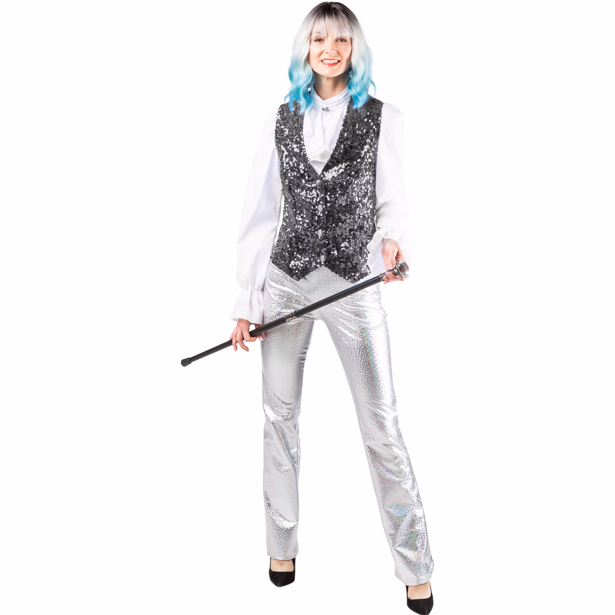 Paillettenweste Silber Damen Revue Show Silberne Paillettenweste für Damen kombiniert als glamouröses Revue- und Showkostüm mit silberner Hose und Gehstock.