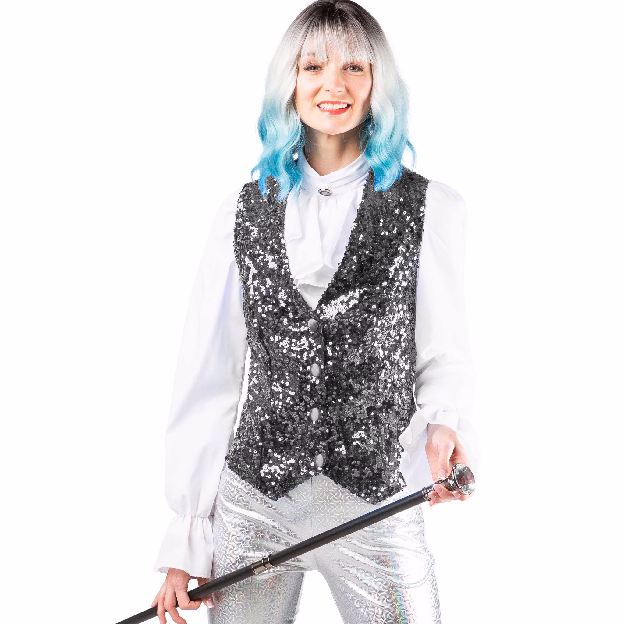 Paillettenweste Damen Silber Vorderansicht Detail Silberne Paillettenweste für Damen mit glitzernder Vorderseite und Knopfleiste als Kostüm-Zubehör für Revue, Show und Tanz.