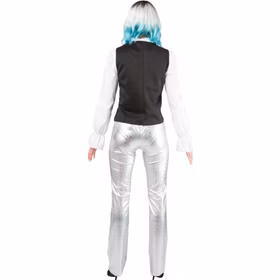 Paillettenweste Damen Silber Rückansicht Rückansicht der silbernen Paillettenweste für Damen mit schlicht schwarzer Rückseite für Tanz, Revue und Bühnenkostüme.