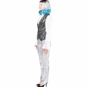 Pailletten Weste Damen Silber Seitenansicht Seitenansicht der silbernen Pailletten-Weste für Damen mit glitzernder Vorderseite, schwarzem Rücken und figurbetontem Schnitt.