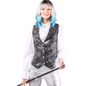 Paillettenweste Damen Silber Vorderansicht Detail Silberne Paillettenweste für Damen mit glitzernder Vorderseite und Knopfleiste als Kostüm-Zubehör für Revue, Show und Tanz.